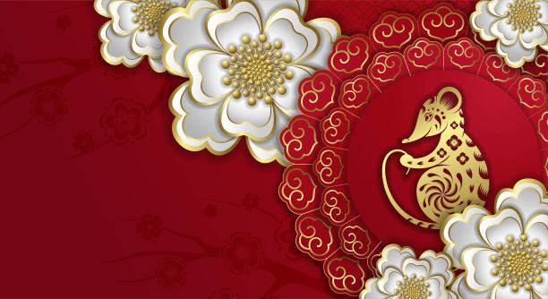 2020年春节快乐。鼠年是黄道十二生肖。水平的红色条幅图片下载