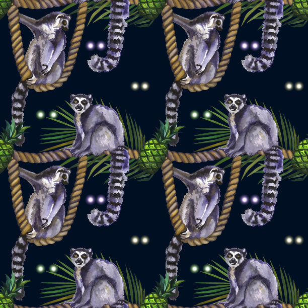 水彩热带野生动物无缝图案。手绘夜间丛林自然，狐猴，动物眼睛，插画图片下载