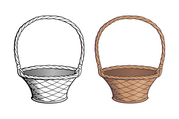 空的柳条篮子里。大纲和彩色版本图片下载