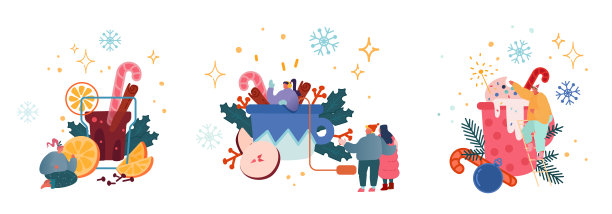 暖冬热棕榈热葡萄酒，巧克力或可可。女性角色庆祝圣诞和有饮料，饮料或2020年新年咖啡馆Hygge卡，印刷，海报。矢量图图片下载