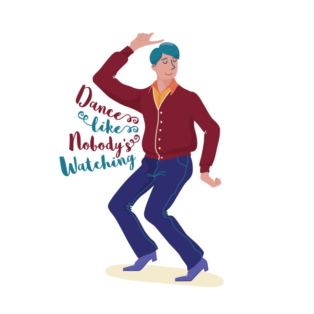 时髦的年轻人穿着羊毛衫、裤子和鞋子，闭着眼睛开心地跳舞，就像没有人在看文字，平面风格的矢量插图孤立在白色背景上图片下载