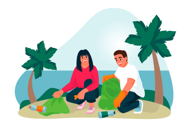 志愿者清理海滩上的塑料垃圾。矢量平面卡通插图。志愿、慈善的社会理念图片下载