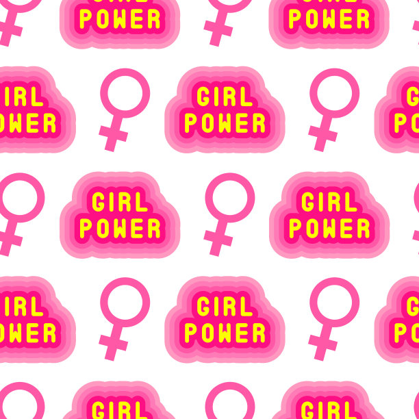“女孩力量”文字与维纳斯标志无缝图案。向量的壁纸。图片下载