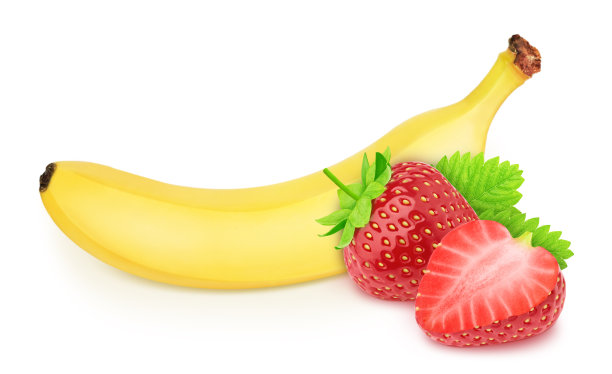 整个香蕉和草莓孤立在白色背景上的合成图像。图片下载