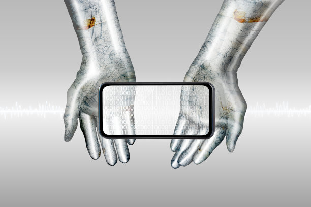 5克的未来形象。第五代移动通信系统的智能手机，放置在金属机器人的两只手上。二进制代码显示在屏幕上。背景是由毫米波和灰度组成的渐变。图片下载