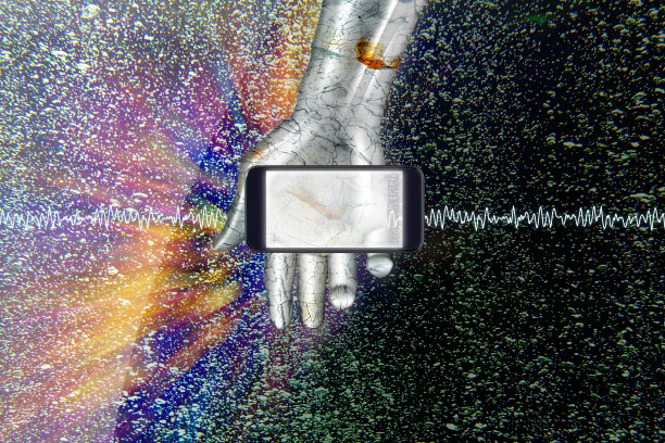 5克的未来形象。第五代移动通信系统的智能手机放置在一个金属机器人的手掌上。屏幕在发光。背景是粒子的海洋，想象着许多同时存在的联系和解决方案。图片下载