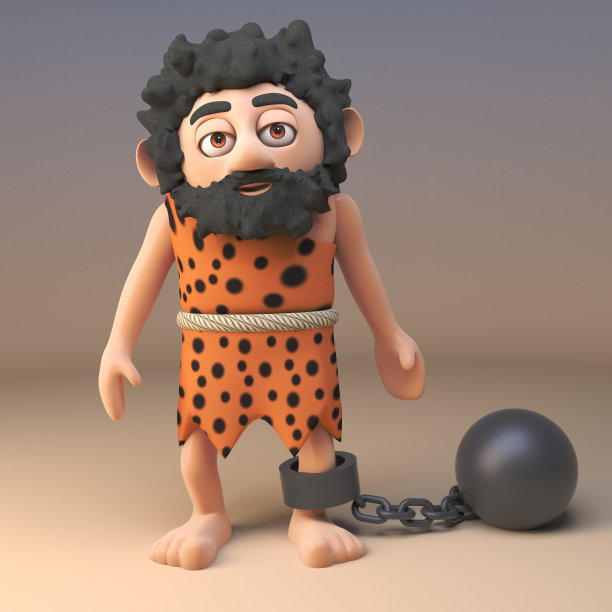 3d卡通穴居人角色戴着一个球和链，3d插图图片下载