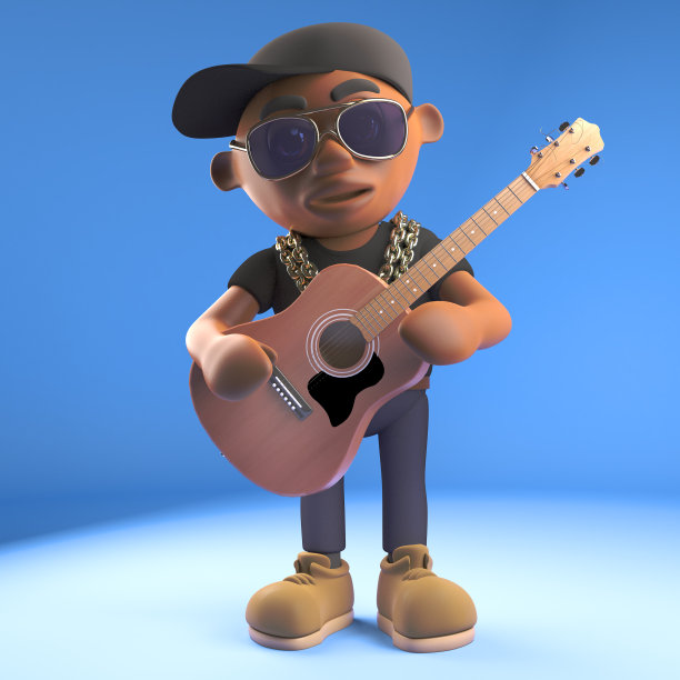 卡通3d黑人嘻哈说唱歌手主持人角色扮演的原声吉他，3d插图图片下载