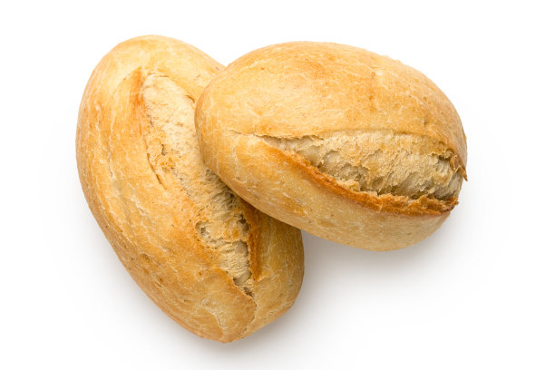 两个白色的法国面包卷从上面孤立的白色。前视图。图片下载