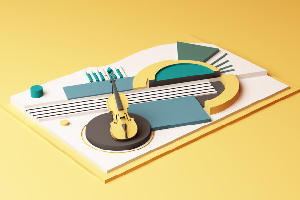小提琴和乐器的概念，几何形状的抽象构成平台在黄色和绿色的音调。三维渲染图片下载