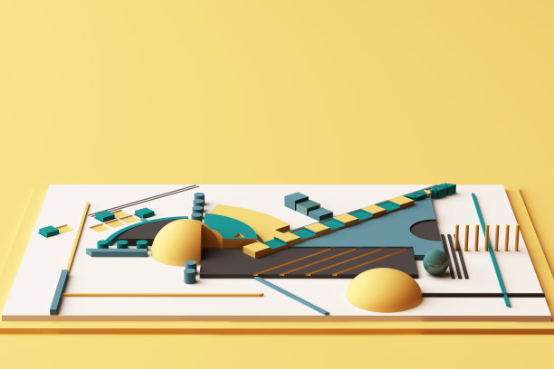 用黄色和绿色调构成几何形状的设计。3 d渲染图图片下载