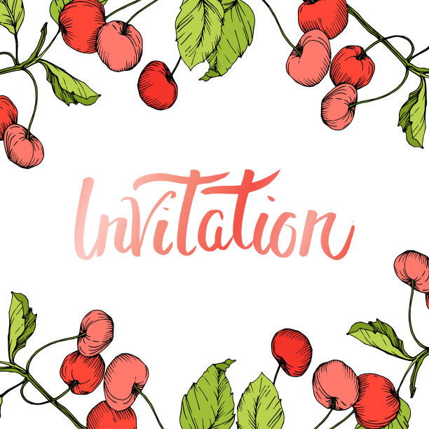 矢量樱桃水果在白色的背景。绿色的叶子。红绿镌刻水墨艺术。边框装饰方形。图片下载