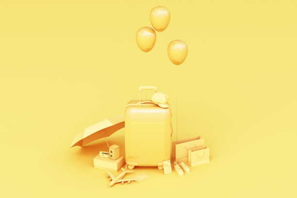 黄色背景的旅行箱。旅行的概念。三维渲染图片下载