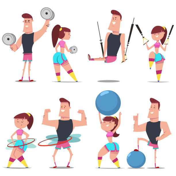 健身情侣用哑铃、健身球、呼啦圈、吊带训练进行锻炼。锻炼女孩和男孩矢量卡通人物孤立的背景。健康的生活方式。图片下载