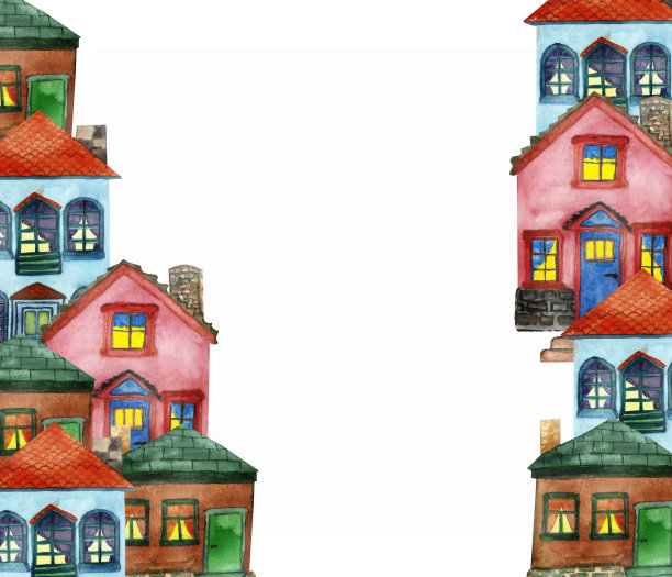 水彩手工绘制的城镇垂直横幅框架上有不同的粉红色、蓝色和棕色的多色房屋，街道上的白色背景是邀请和明信片的文字空间图片下载