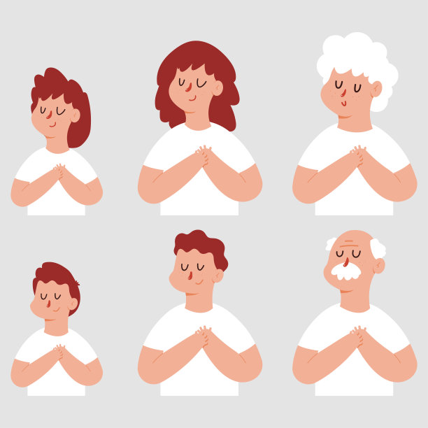 感恩或做梦的人用手捂着胸闭着眼睛。矢量卡通人物设置孤立的背景。图片下载