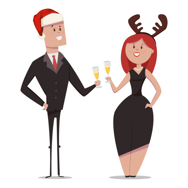 身着西装的商务人士端着一杯香槟庆祝圣诞节。矢量卡通人物的男人在圣诞老人的帽子和女人孤立在白色的背景。图片下载