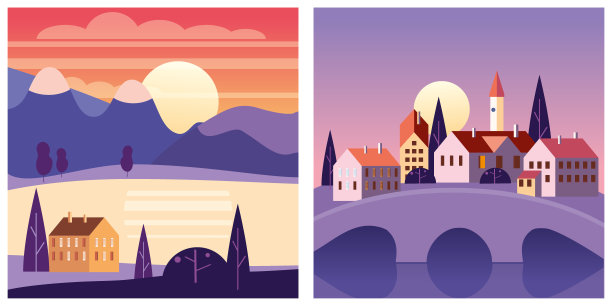 日落，夏季景观，海洋，海洋山脉。矢量孤立的最小卡通风格，模板横幅海报图片下载