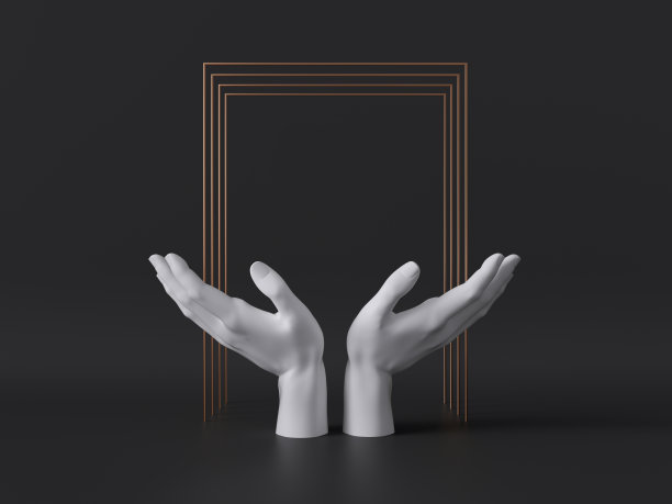 3d渲染，白色女性人体模型双手孤立在黑色背景上，金色方形框架，身体部位，时尚概念，宗教祈祷手势，神圣仪式，干净的最小设计，空白空间图片下载