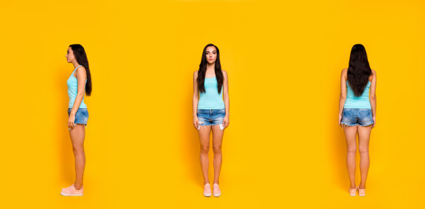 拼贴垂直全长身体尺寸后，后，前，侧面的吸引的年轻人穿着牛仔裤牛仔短裤孤立在生动的颜色背景图片下载