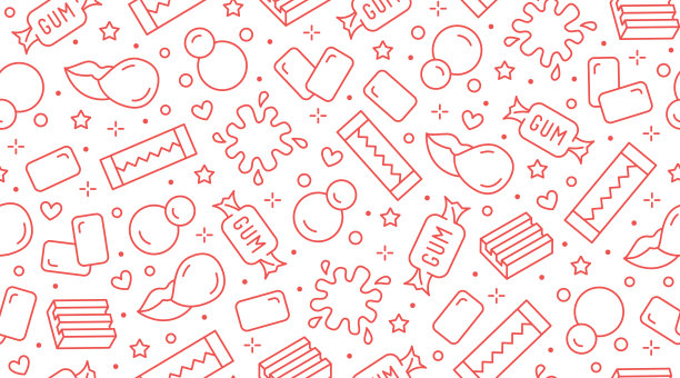 泡泡糖无缝图案与平线图标。嚼糖棒，卫生巾，泡泡糖包装矢量插图。可爱的背景糖果商店包装，粉红色的白色图片下载