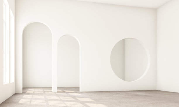 抽象的室内设计。生活区和卧室的建筑元素为白色色调，圆弧，圆形开口和混凝土地板。三维渲染图片下载