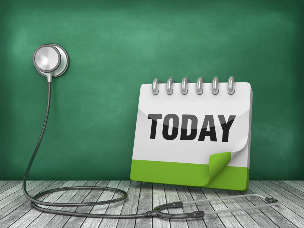 听诊器与今天日历在黑板背景- 3D渲染图片下载