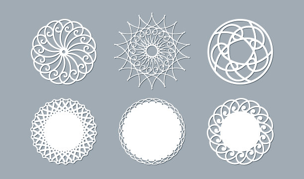 蕾丝桌巾激光切割纸圆形图案装饰模板白色蕾丝桌巾餐巾激光切割框架设置激光切割优雅复古邀请横幅设计元素向量花边桌巾图片下载