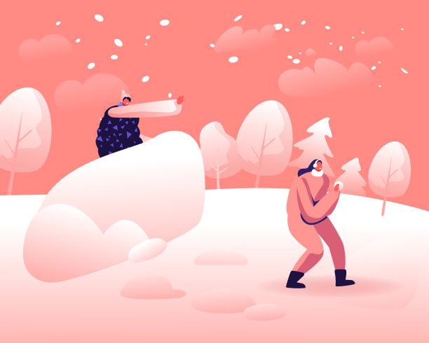 年轻人愚弄和玩户外雪景背景。站在城堡向大笑的女人扔雪球的男人。冬季雪球游戏卡通平面矢量插图图片下载