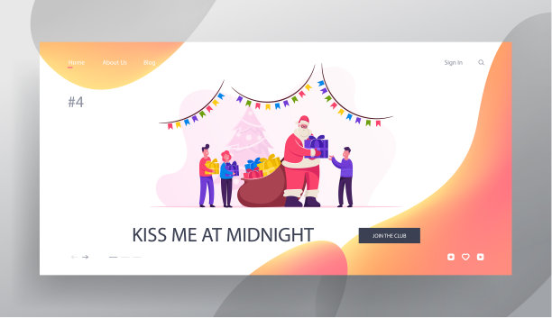 圣诞老人问候孩子网站登陆页面。圣诞老人性格给快乐的孩子站在房间与圣诞和新年装饰网页横幅。卡通平面矢量插图图片下载