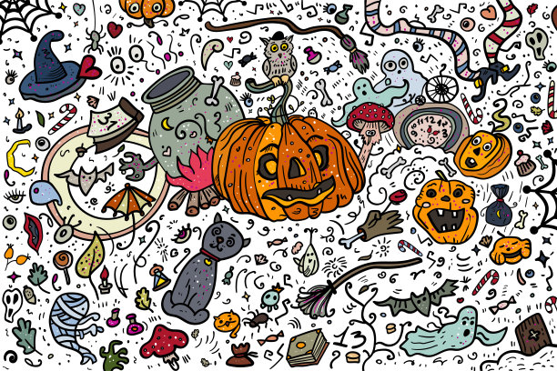 伟大的万圣节。收集和设置横幅。南瓜，僵尸，吸血鬼，魔药，蜘蛛网，恐怖和恐惧。——向量。矢量图图片下载