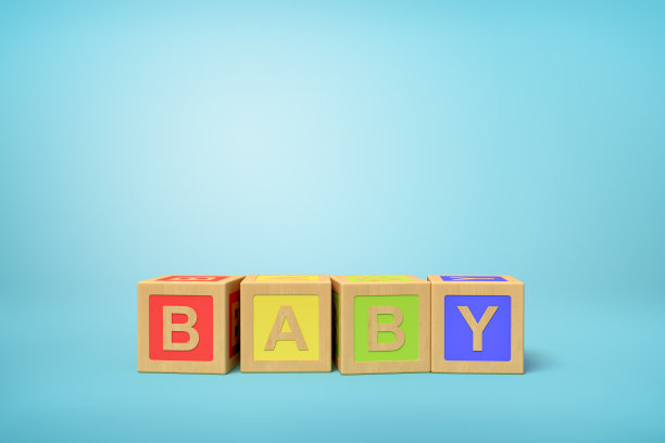 在蓝色背景上的字母玩具积木的3d渲染。图片下载