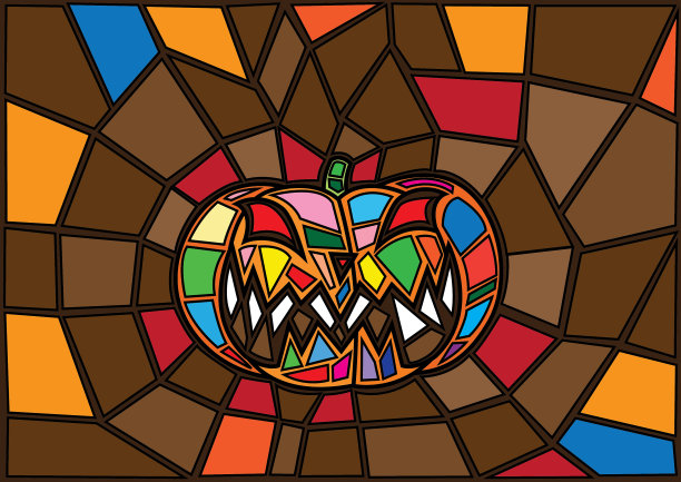 万圣节插图向量装饰南瓜彩色玻璃摩西风格图片下载