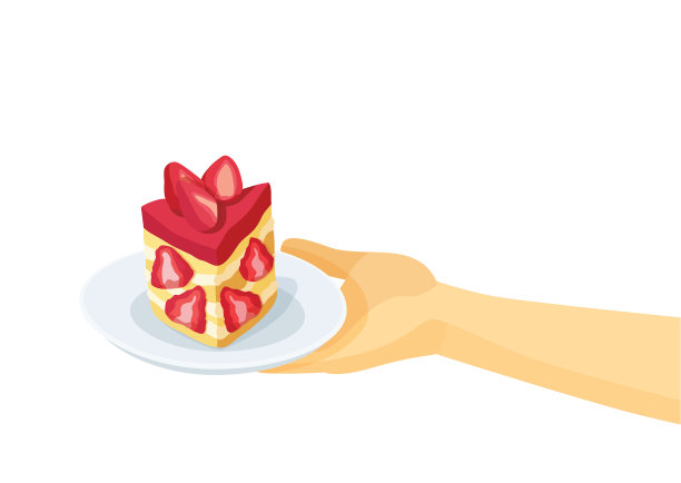 蛋糕草莓盘在人的手上白色背景上的矢量插图图片下载