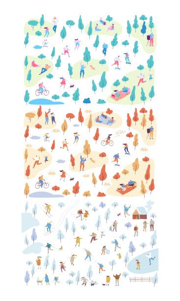 公共公园与小人平面矢量背景。季节变化-夏天，秋天，冬天。图片下载