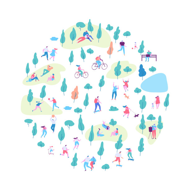 各种各样的人在春天或夏天的公园背景。图片下载