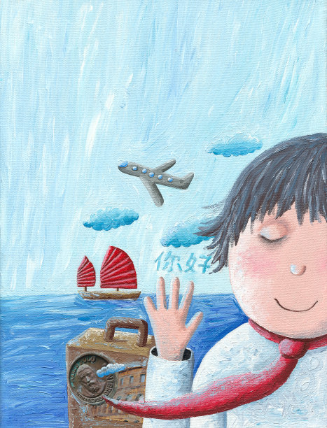 这个男孩到中国旅行的油画丙烯画图片下载