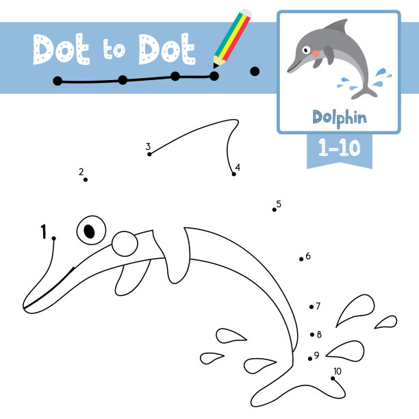 针对学龄前儿童的海豚动物卡通人物的点对点教育游戏和涂色书，关于学习数数1-10的活动和手写练习练习表。矢量插图。图片下载