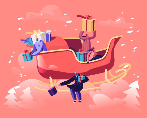 人们乘坐巨型驯鹿雪橇在雪地上空飞行，抛洒礼物，冬季节日季，圣诞节快乐卡通矢量插画图片下载