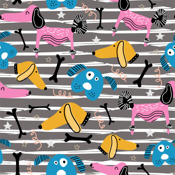搞笑人物宝宝狗无缝图案绘制可爱的插画矢量儿童时尚纺织印花。图片下载