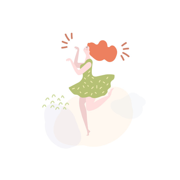 一个跳舞的红发女孩的插图。平面矢量插图的一个人在涂鸦的风格。图片下载