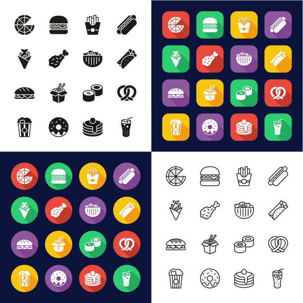 快餐图标都在一个图标-黑色和白色平面设计-细线-设置图片下载