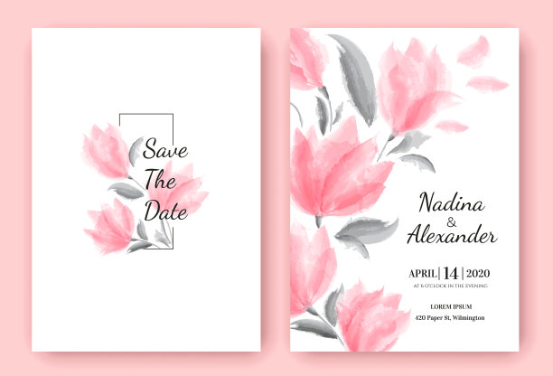 花型婚礼请柬模板设计，美丽的粉红色花朵，柔和的复古主题图片下载