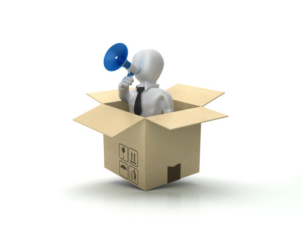 硬纸盒与商业人物与扩音器在木地板- 3D渲染图片下载