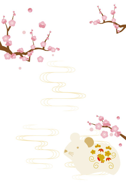 贺年卡上画有梅树和老鼠娃娃。图片下载