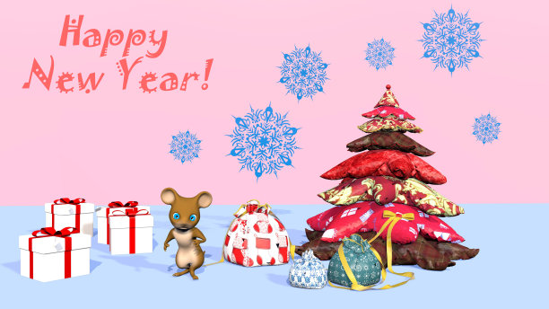 美丽的圣诞树和可爱的小老鼠。三维渲染图片下载