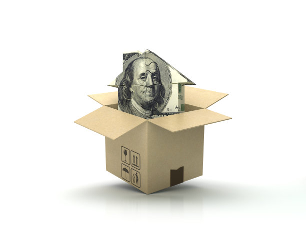 纸板箱与美元纸币迷惑房子在木地板上- 3D渲染图片下载