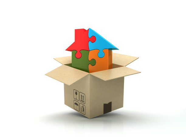 硬纸盒与拼图房子在木地板上- 3D渲染图片下载