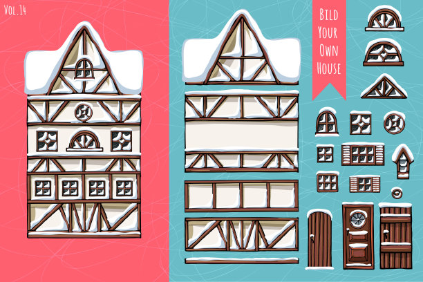 德国住宅，元素的集合，项目集，屋顶，窗户，门。为明信片设计冬季雪海报的背景游戏。图片下载