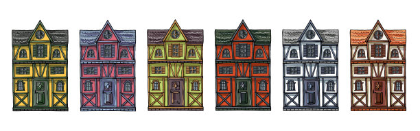 色彩丰富的德国住宅卡通收集城市景观正面欧洲城市街道建筑立面图片下载